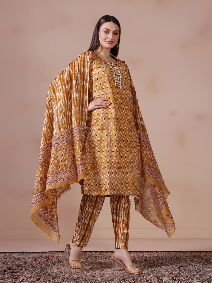 Women Cotton Mustard Printed Kurta Trouser Dupatta.