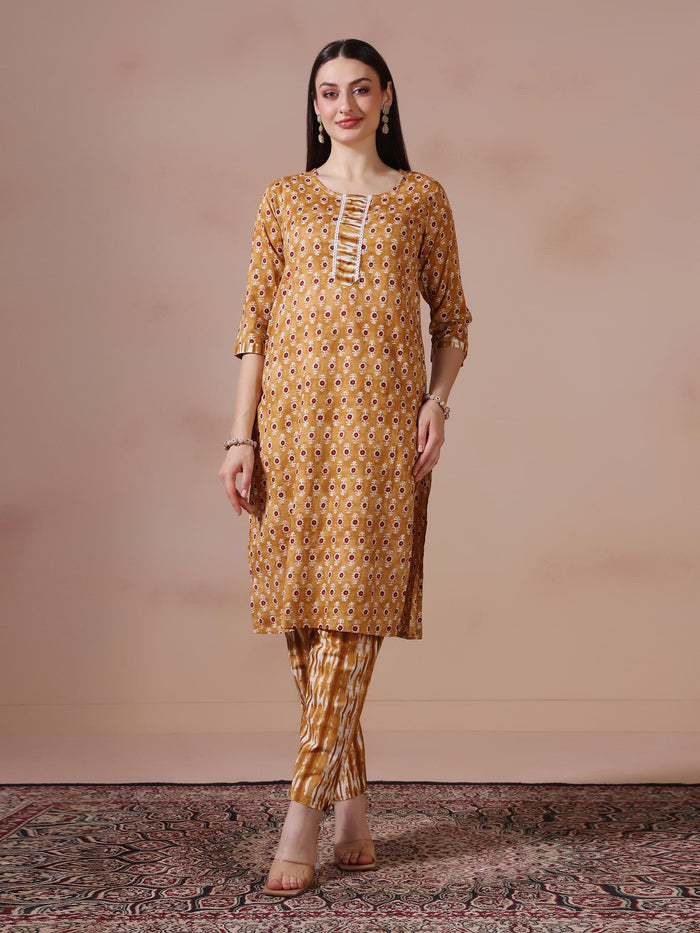 Women Cotton Mustard Printed Kurta Trouser Dupatta.