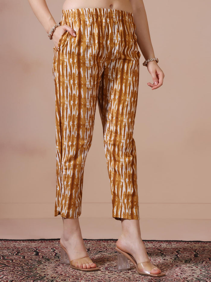 Women Cotton Mustard Printed Kurta Trouser Dupatta.