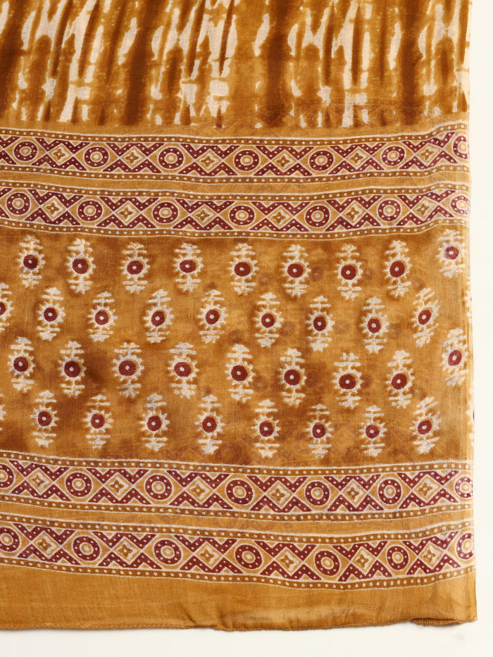 Women Cotton Mustard Printed Kurta Trouser Dupatta.