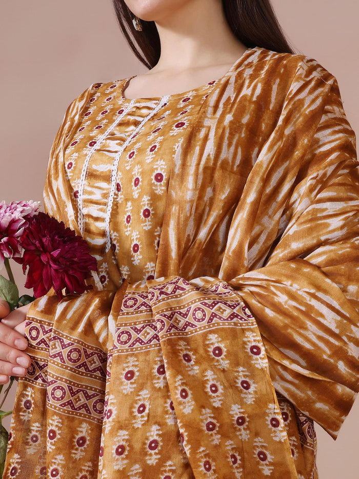 Women Cotton Mustard Printed Kurta Trouser Dupatta.