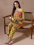 Women Cotton Mustard Printed Kurta With Comfort Pant.