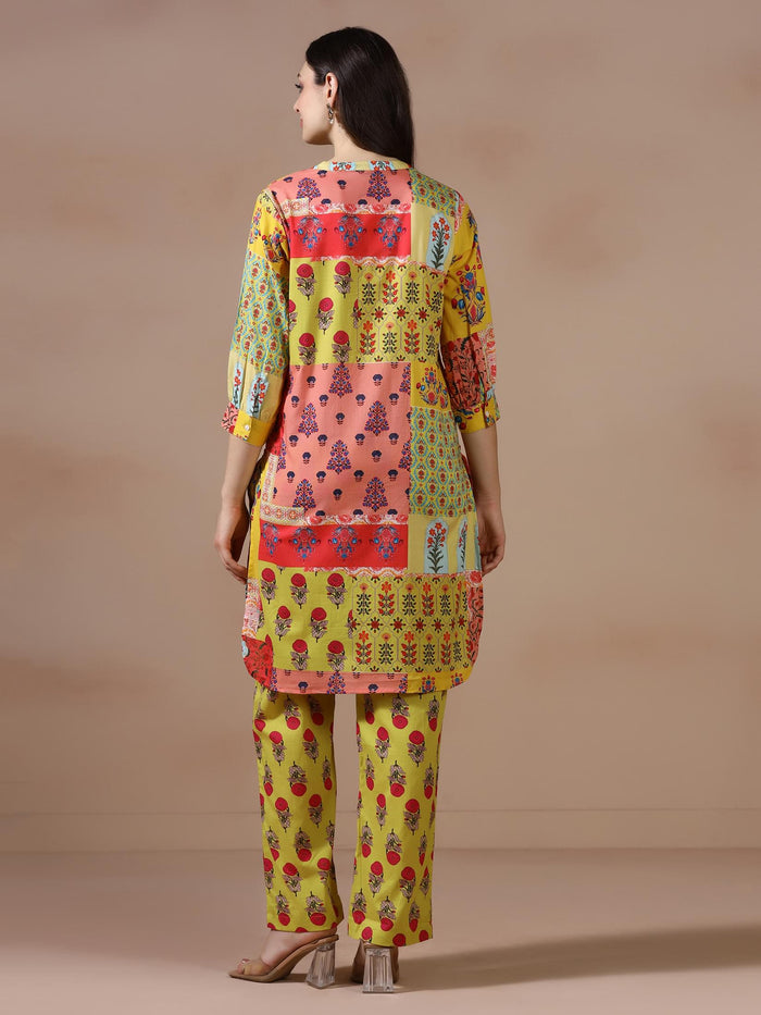 Women Cotton Mustard Printed Kurta With Comfort Pant.