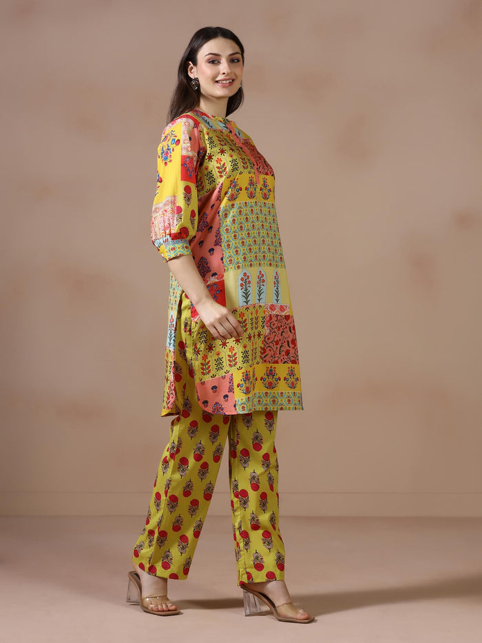 Women Cotton Mustard Printed Kurta With Comfort Pant.