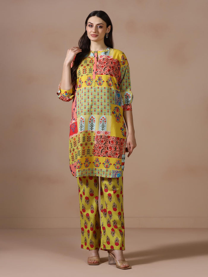 Women Cotton Mustard Printed Kurta With Comfort Pant.