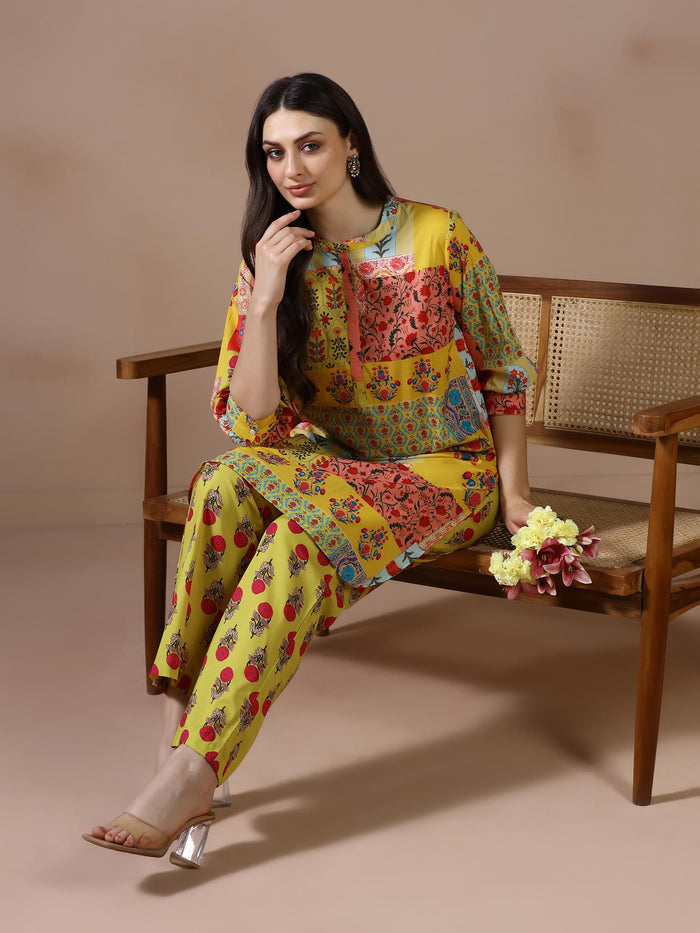 Women Cotton Mustard Printed Kurta With Comfort Pant.