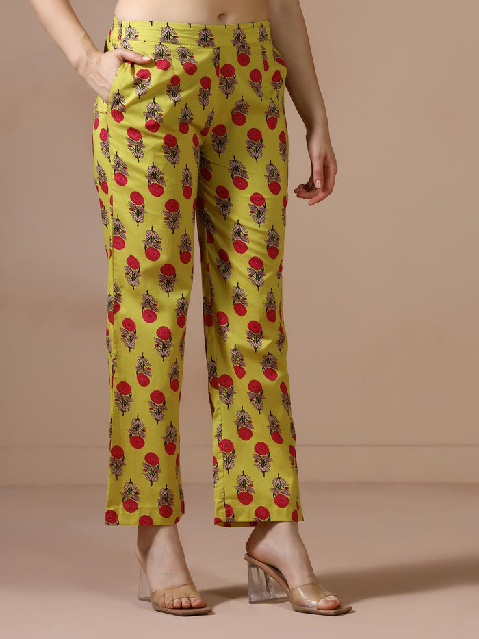 Women Cotton Mustard Printed Kurta With Comfort Pant.