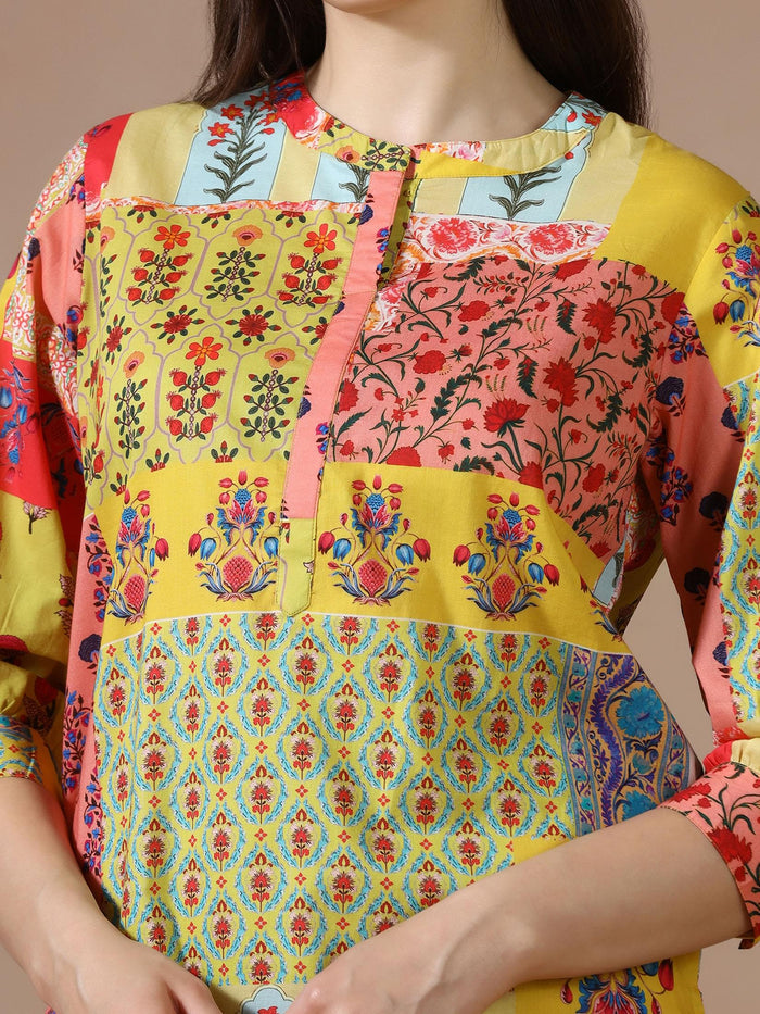 Women Cotton Mustard Printed Kurta With Comfort Pant.