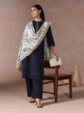 Women Cotton Navy Blue Embroidered Kurta Comfort Pant Dupatta.