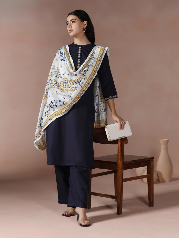 Women Cotton Navy Blue Embroidered Kurta Comfort Pant Dupatta.