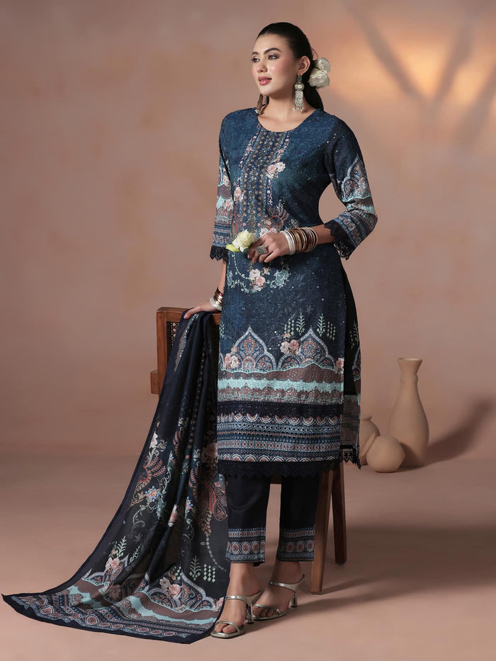 Women Cotton Navy Blue Embroidered Kurta Comfort Pant Dupatta.