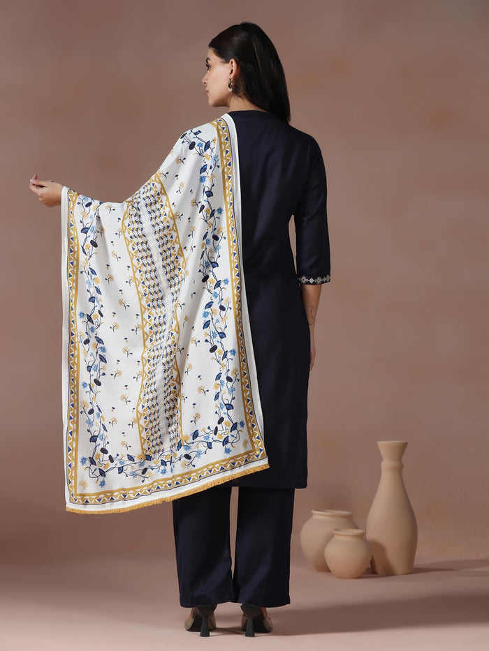 Women Cotton Navy Blue Embroidered Kurta Comfort Pant Dupatta.