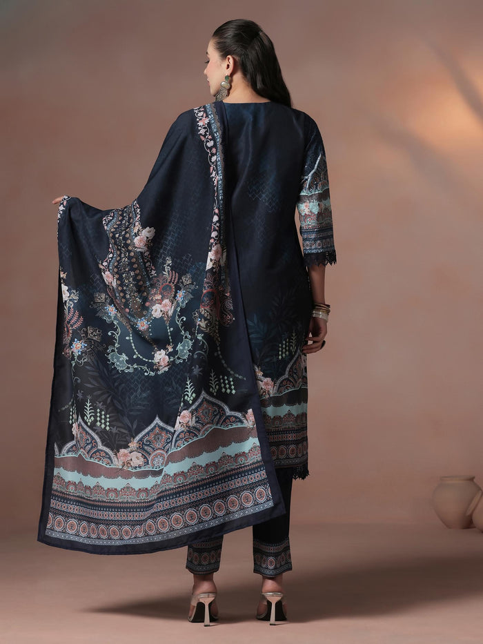Women Cotton Navy Blue Embroidered Kurta Comfort Pant Dupatta.
