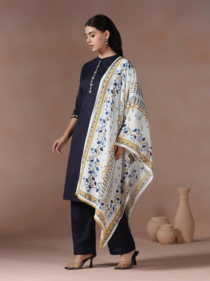 Women Cotton Navy Blue Embroidered Kurta Comfort Pant Dupatta.