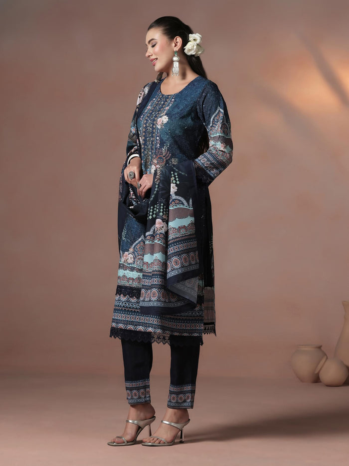 Women Cotton Navy Blue Embroidered Kurta Comfort Pant Dupatta.