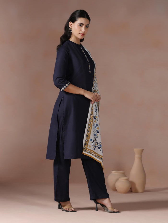 Women Cotton Navy Blue Embroidered Kurta Comfort Pant Dupatta.