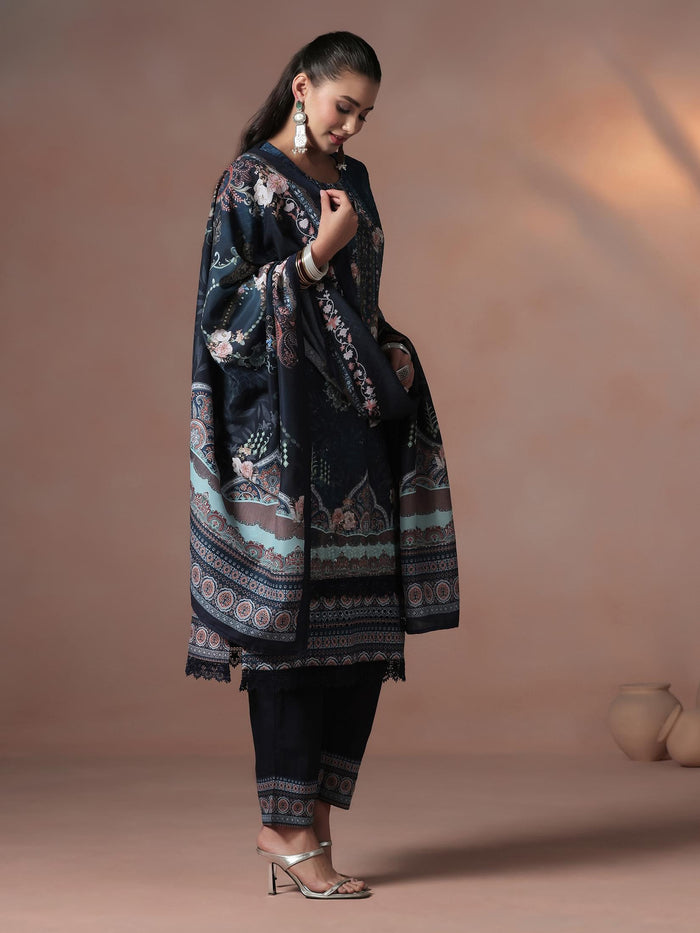 Women Cotton Navy Blue Embroidered Kurta Comfort Pant Dupatta.