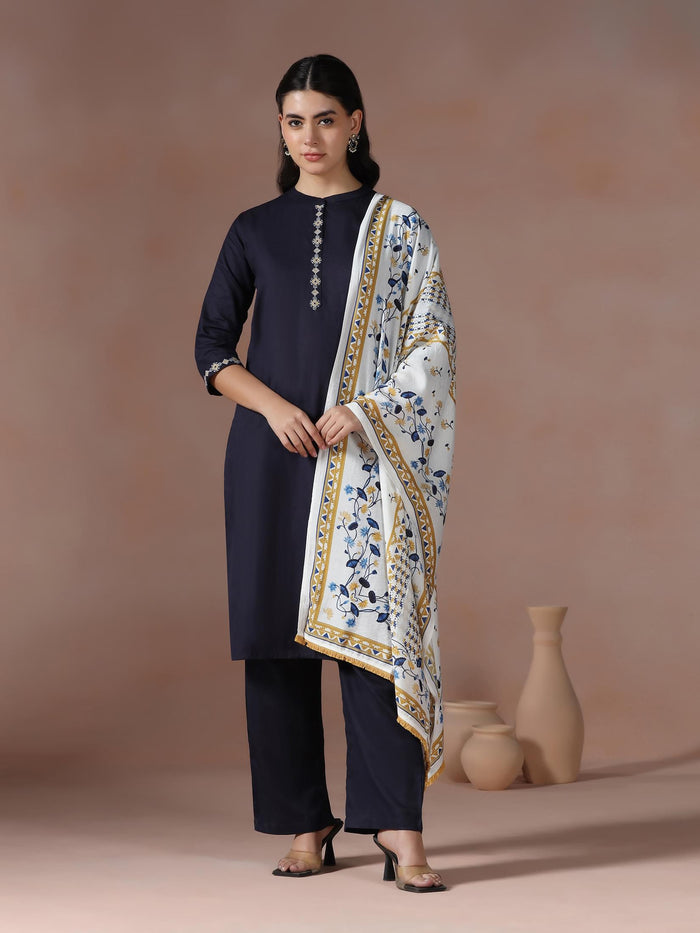 Women Cotton Navy Blue Embroidered Kurta Comfort Pant Dupatta.