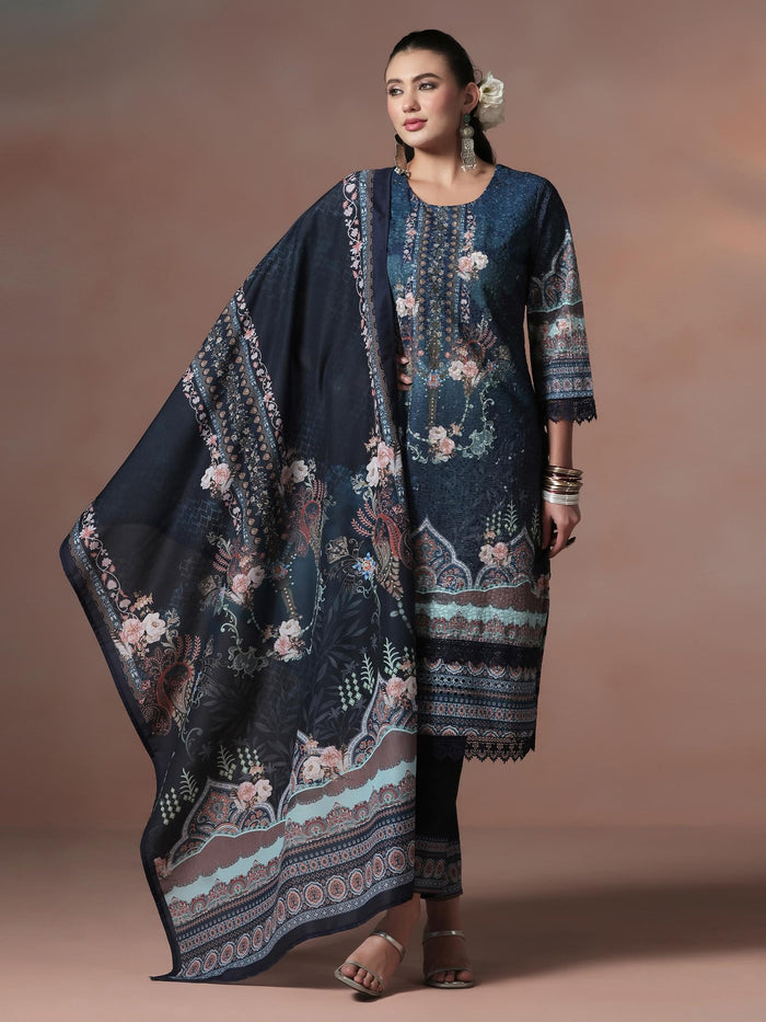 Women Cotton Navy Blue Embroidered Kurta Comfort Pant Dupatta.