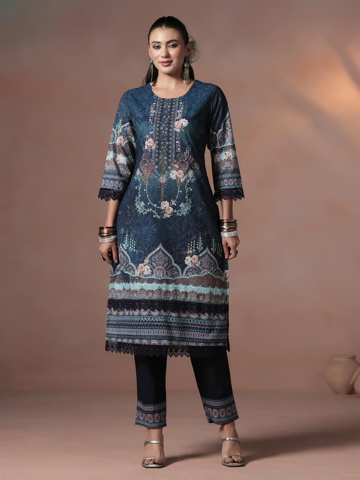 Women Cotton Navy Blue Embroidered Kurta Comfort Pant Dupatta.