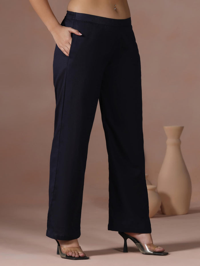 Women Cotton Navy Blue Embroidered Kurta Comfort Pant Dupatta.