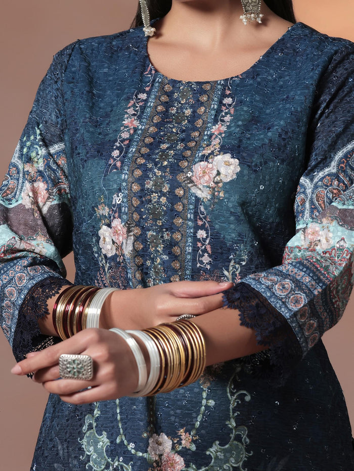 Women Cotton Navy Blue Embroidered Kurta Comfort Pant Dupatta.