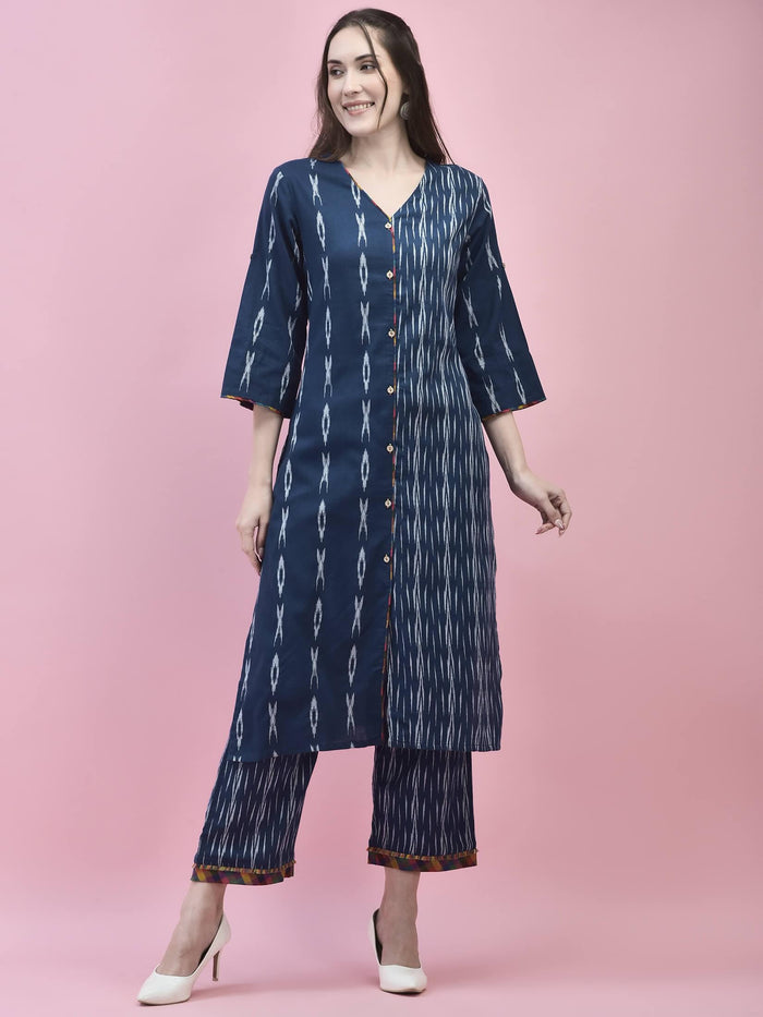 Women Cotton Navy Blue Printed Kurta With Comfort Pant.