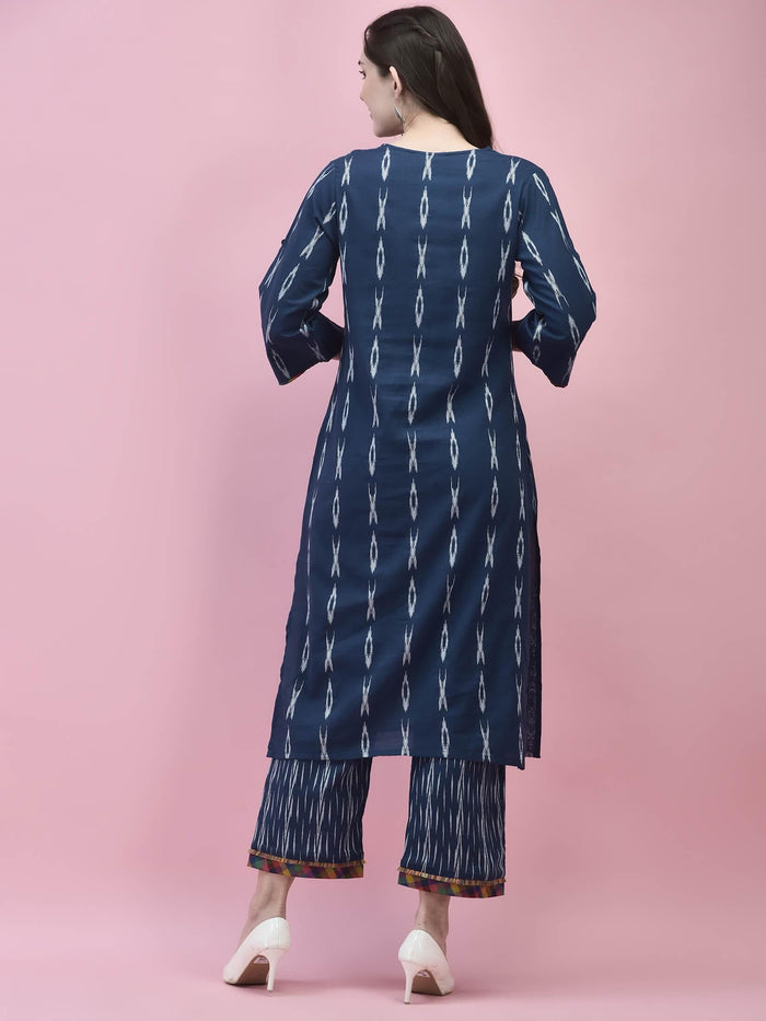 Women Cotton Navy Blue Printed Kurta With Comfort Pant.