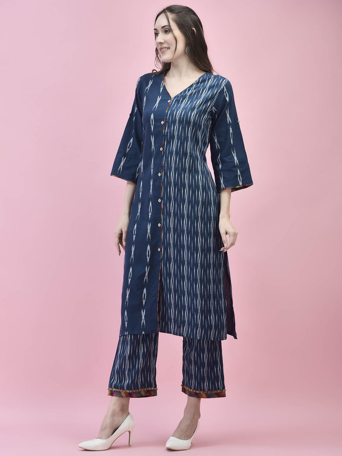 Women Cotton Navy Blue Printed Kurta With Comfort Pant.