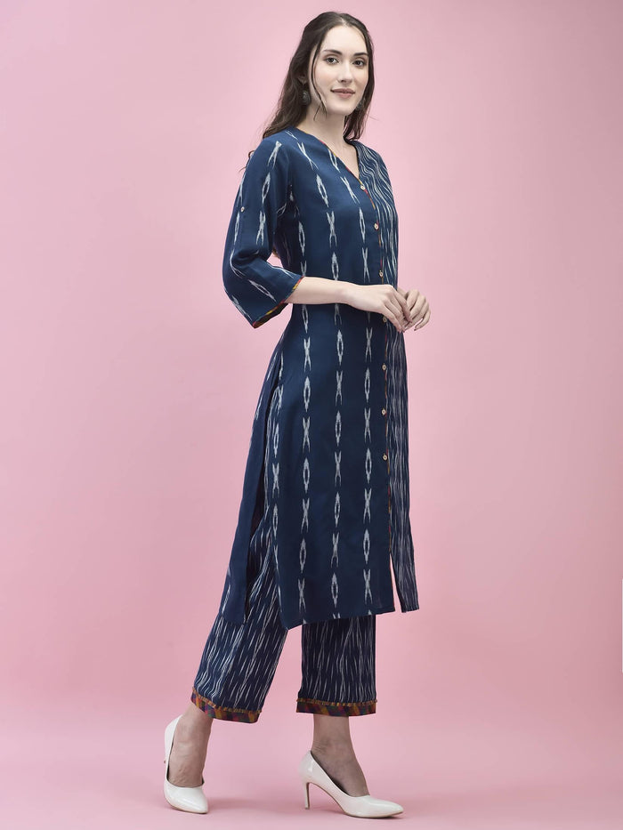 Women Cotton Navy Blue Printed Kurta With Comfort Pant.
