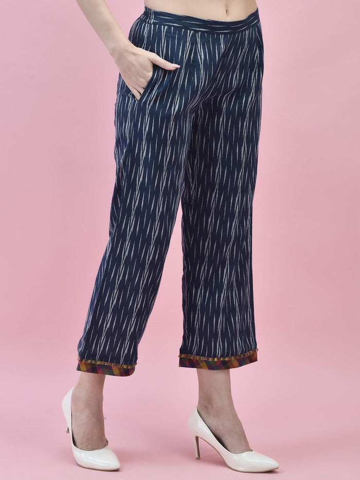 Women Cotton Navy Blue Printed Kurta With Comfort Pant.
