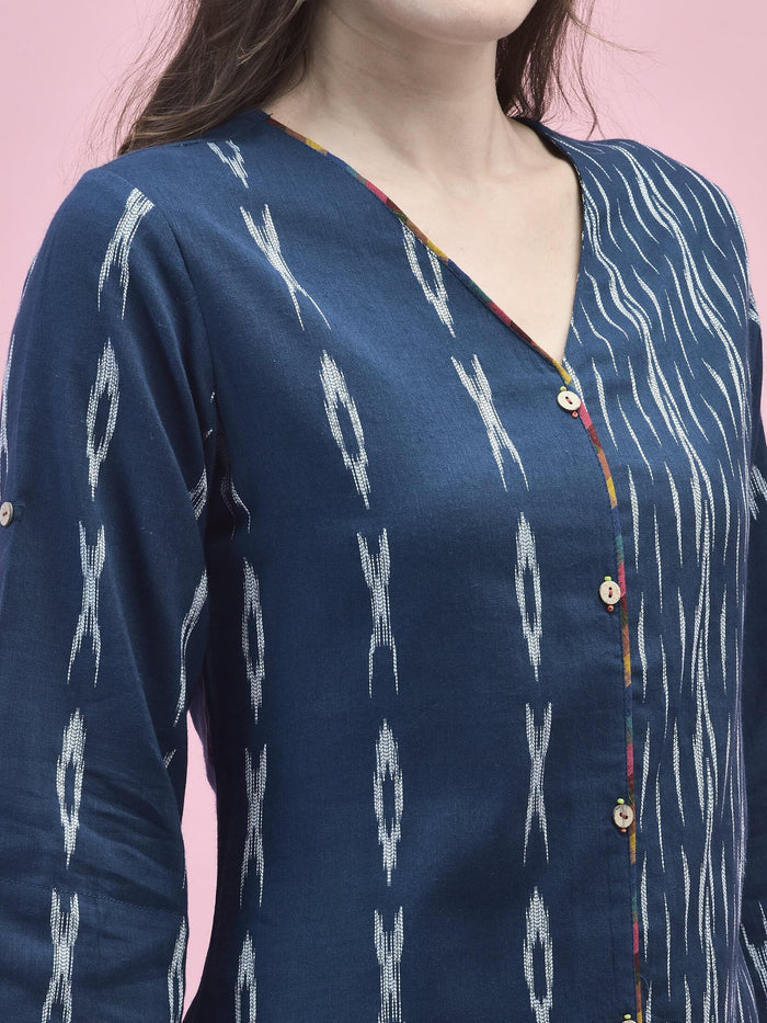 Women Cotton Navy Blue Printed Kurta With Comfort Pant.