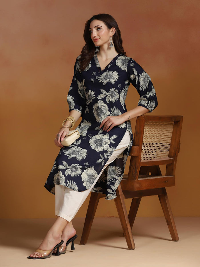 Women Cotton Navy Blue Printed Kurta.