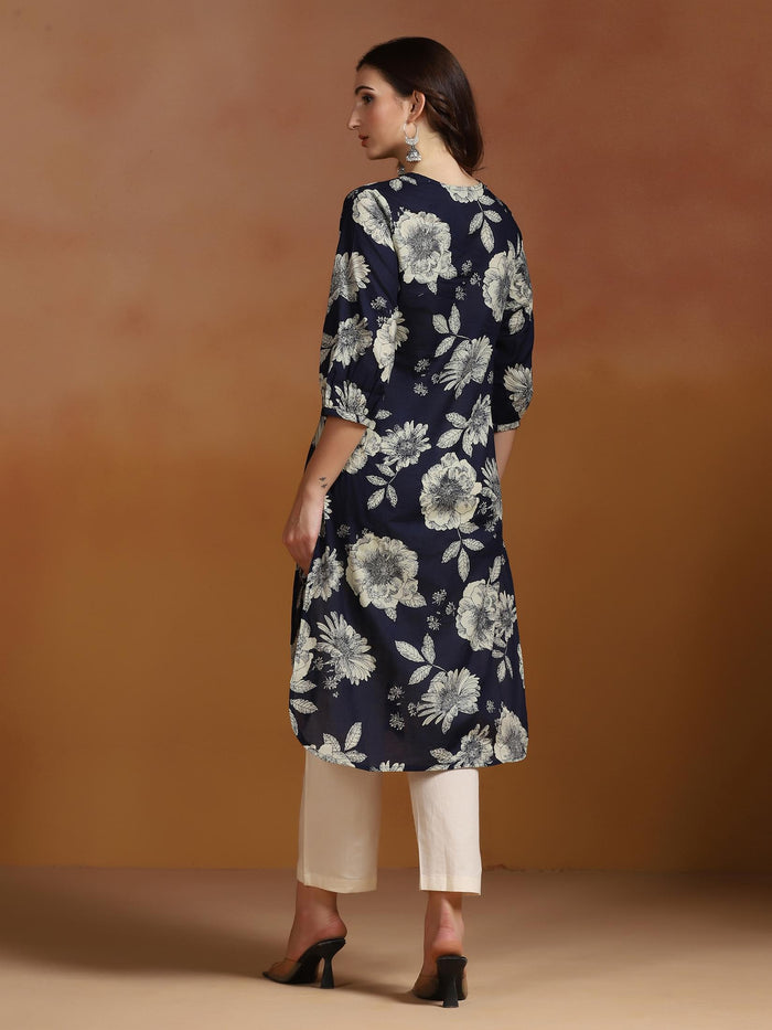 Women Cotton Navy Blue Printed Kurta.