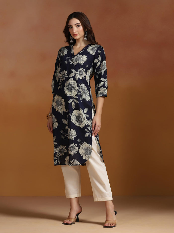 Women Cotton Navy Blue Printed Kurta.