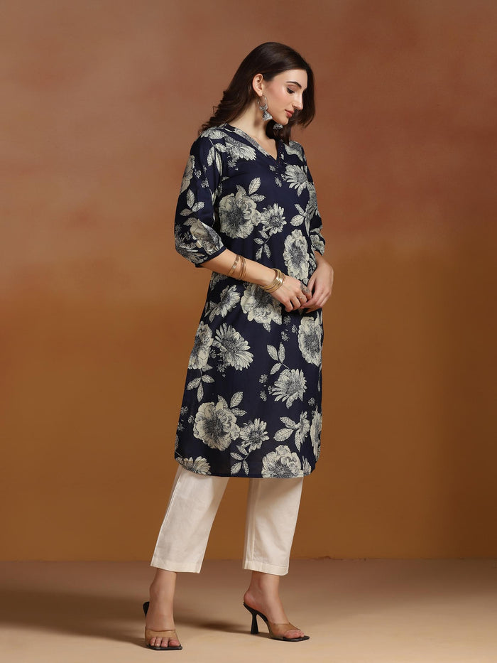 Women Cotton Navy Blue Printed Kurta.