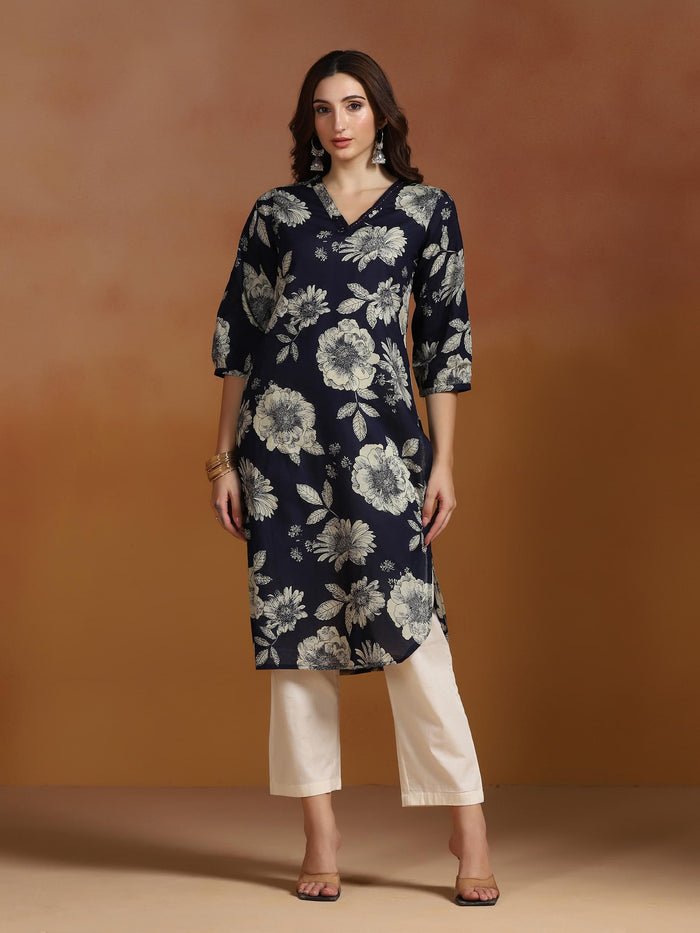 Women Cotton Navy Blue Printed Kurta.