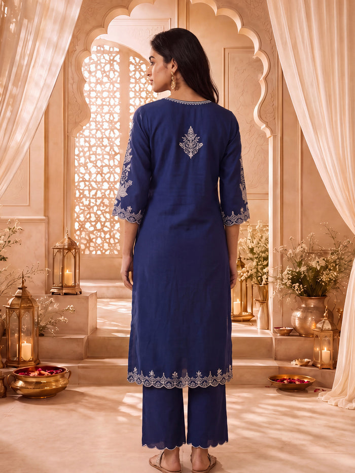 Women Cotton Navy Blue Solid Embroidered Kurta With Comfort Pant.