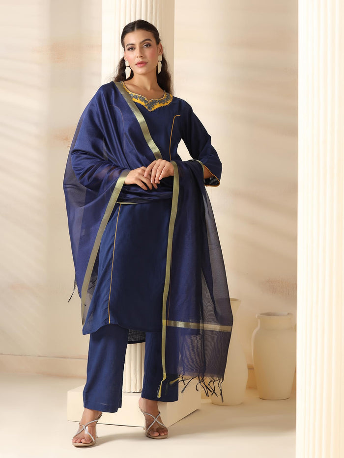 Women Cotton Navy Blue Solid Kurta Comfort Pant Dupatta.