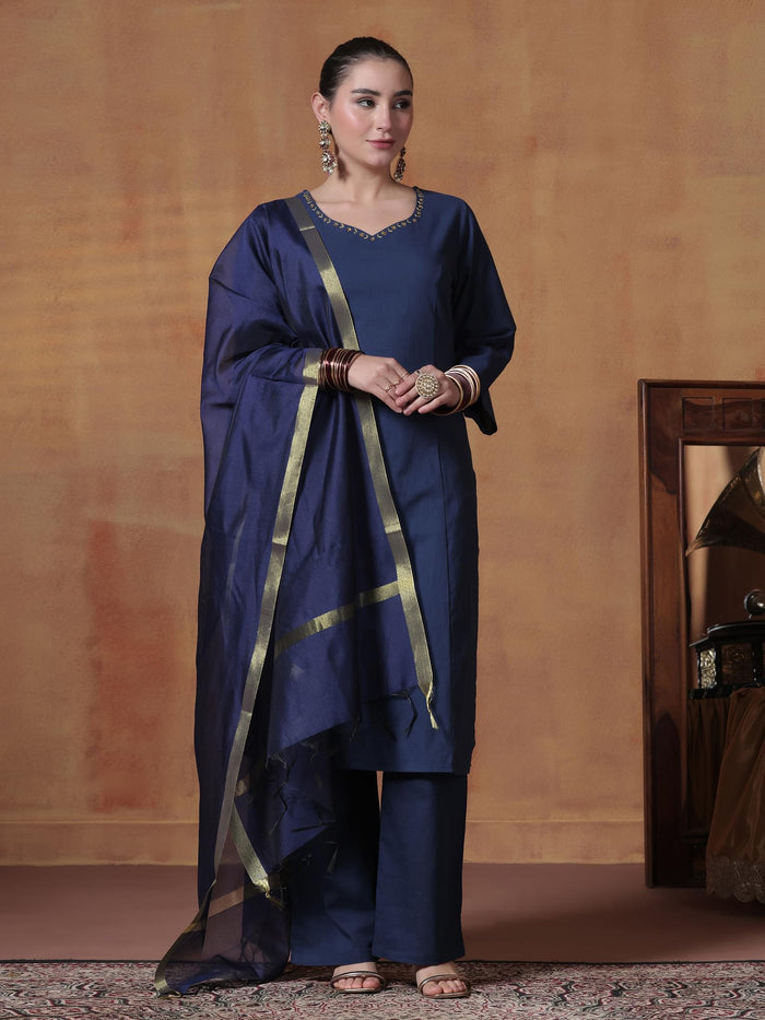 Women Cotton Navy Blue Solid Kurta Comfort Pant Dupatta.