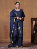 Women Cotton Navy Blue Solid Kurta Comfort Pant Dupatta.