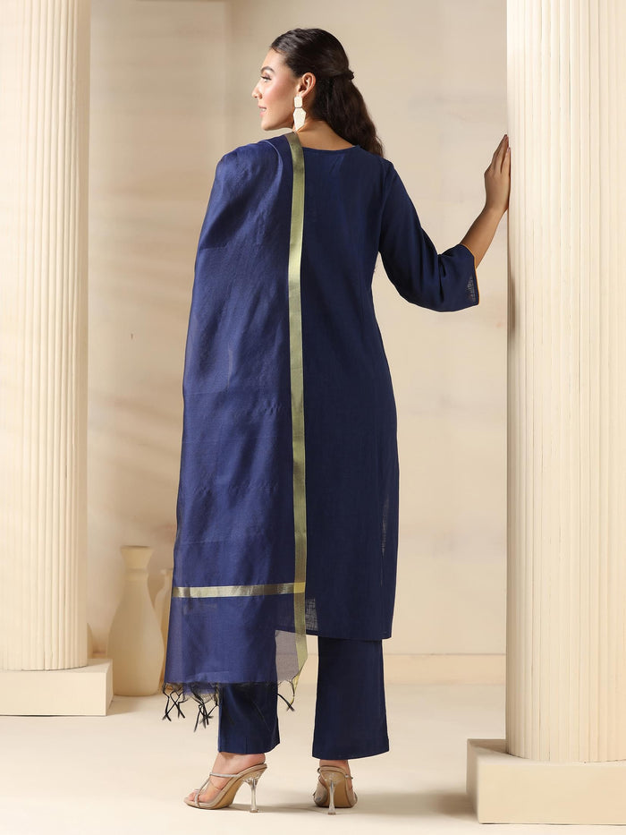 Women Cotton Navy Blue Solid Kurta Comfort Pant Dupatta.