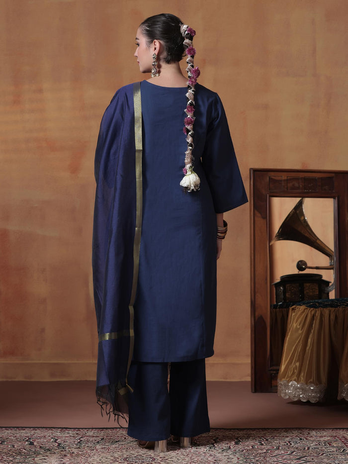 Women Cotton Navy Blue Solid Kurta Comfort Pant Dupatta.