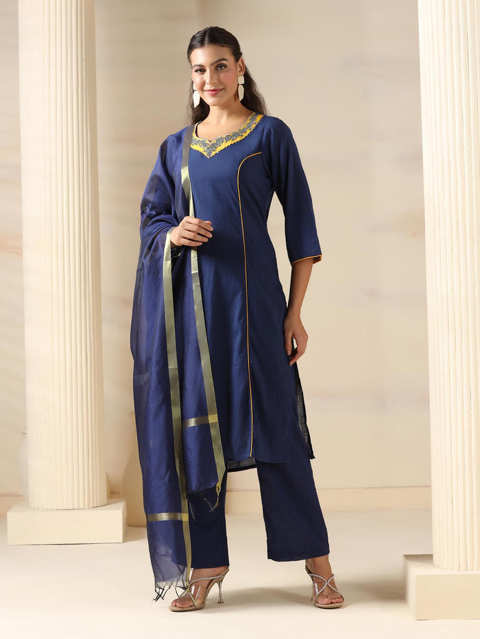 Women Cotton Navy Blue Solid Kurta Comfort Pant Dupatta.