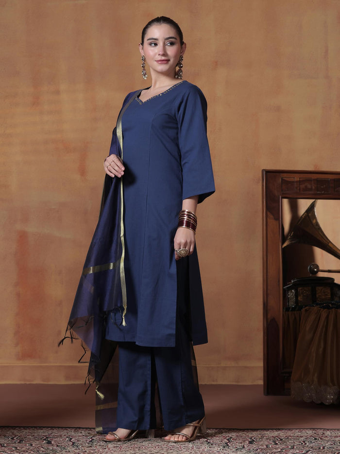 Women Cotton Navy Blue Solid Kurta Comfort Pant Dupatta.