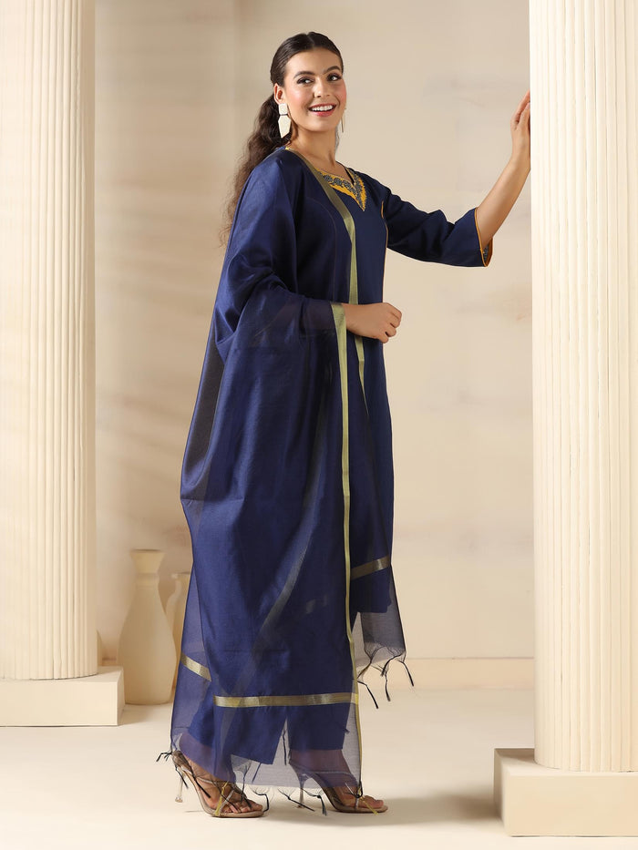 Women Cotton Navy Blue Solid Kurta Comfort Pant Dupatta.