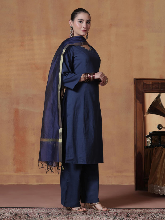 Women Cotton Navy Blue Solid Kurta Comfort Pant Dupatta.