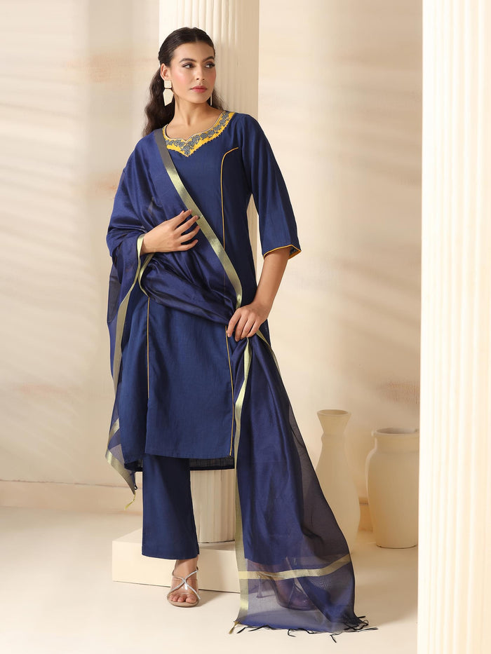 Women Cotton Navy Blue Solid Kurta Comfort Pant Dupatta.