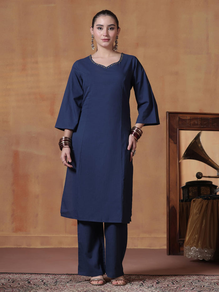 Women Cotton Navy Blue Solid Kurta Comfort Pant Dupatta.
