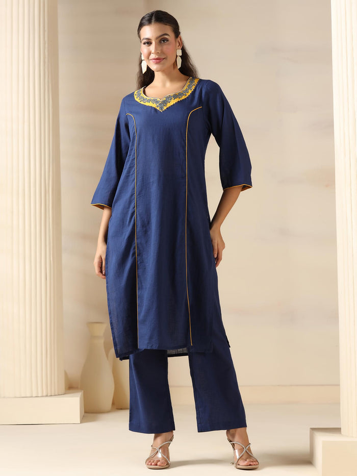 Women Cotton Navy Blue Solid Kurta Comfort Pant Dupatta.